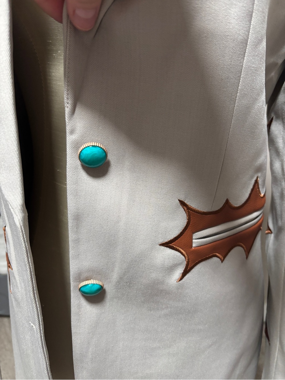 Fashion Nova Cream Blazer with Brown Leather Appliqués and Turquoise Buttons - Picture 4 of 6
